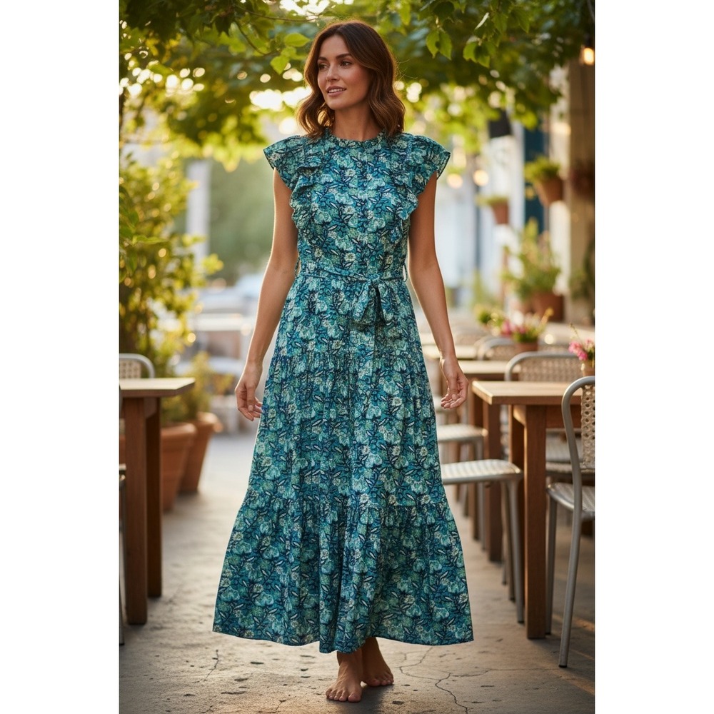 Sundance Tierra Midi Ruffle Dress Women's Sz S Turquoise Blue Button-Up Tie